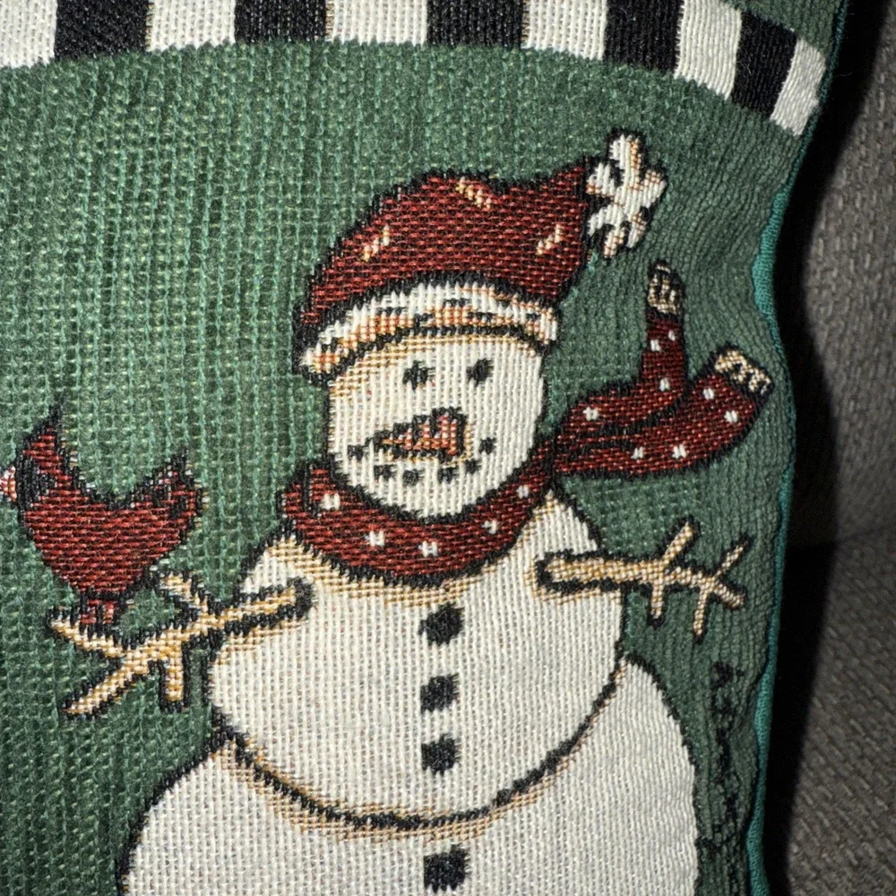 Decorative Small Snowman Accent Pillow Tapestry Holiday Design W Velvet Back